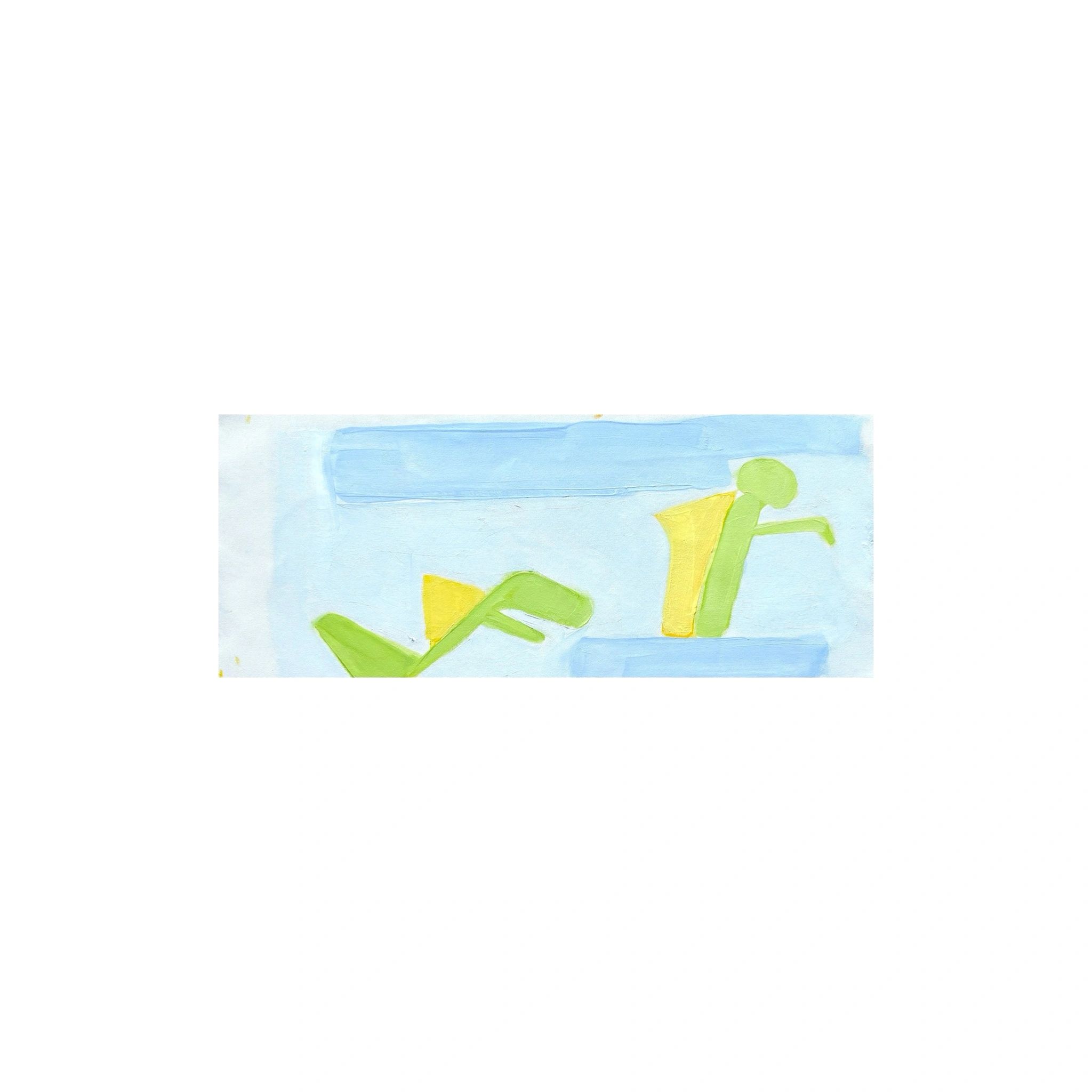 Abstract painting of green figures with yellow wings on a blue background.