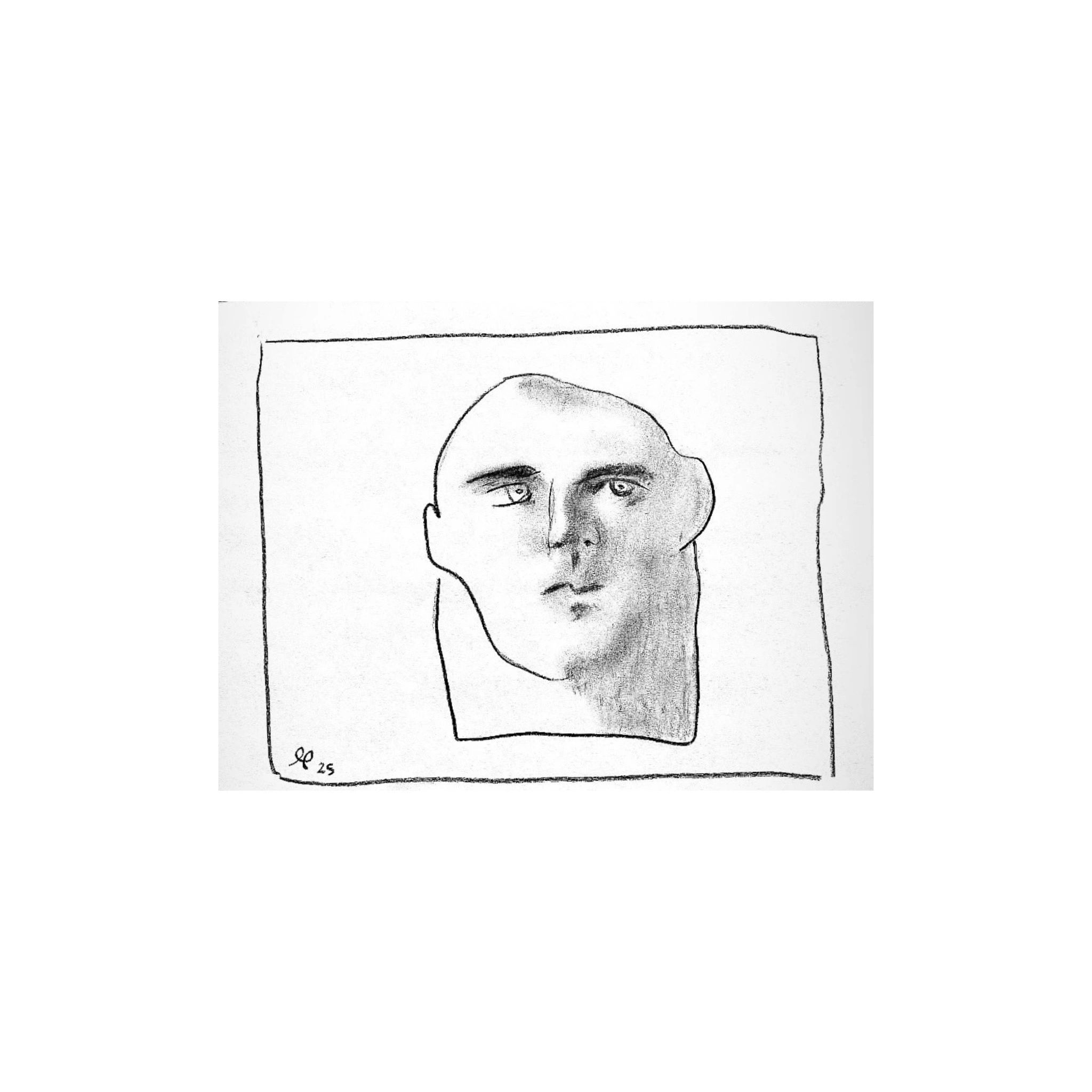 Abstract pencil sketch of a human face with asymmetric features inside a rectangular frame.