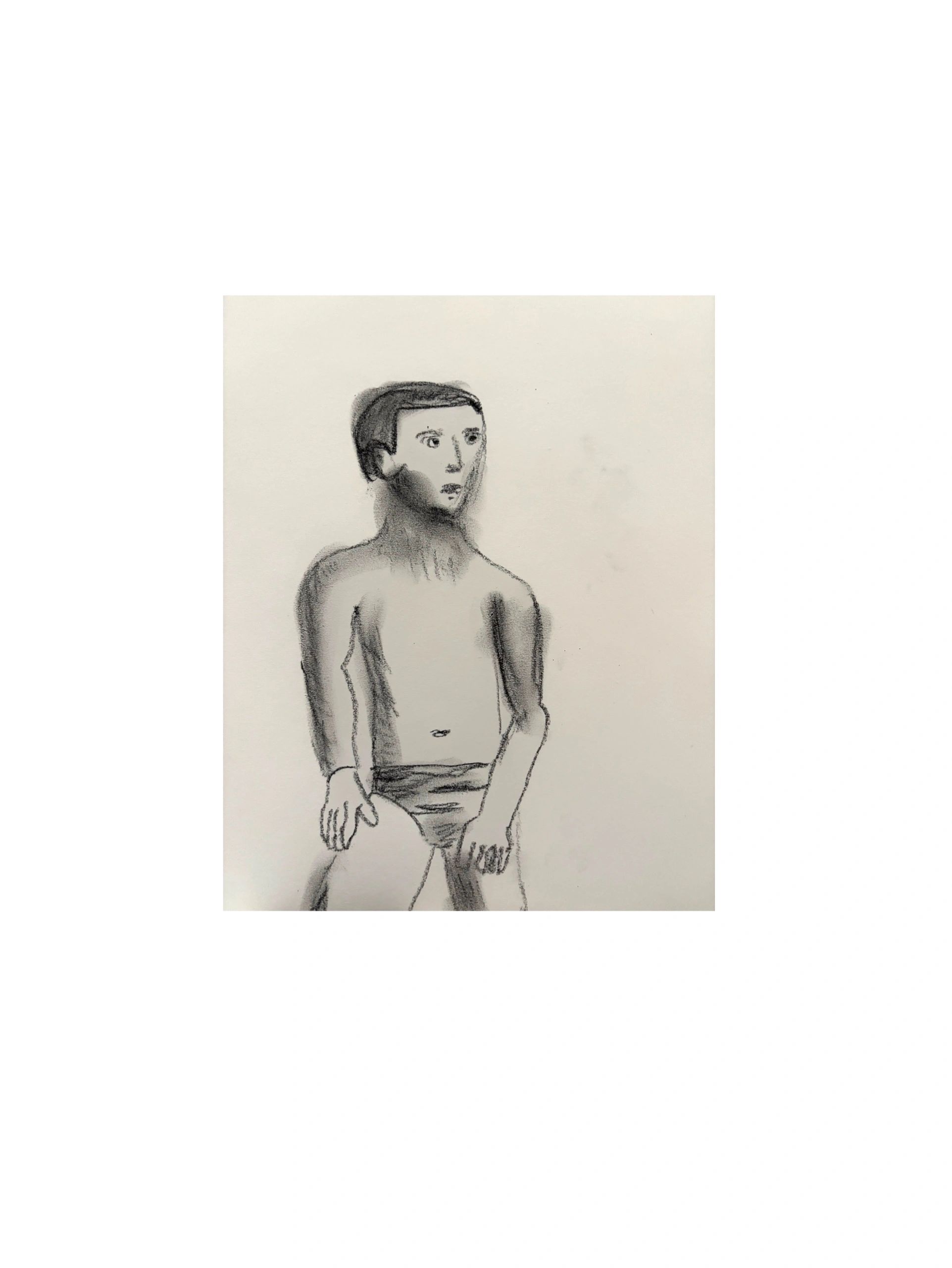Charcoal sketch of a contemplative man sitting, partially clothed.