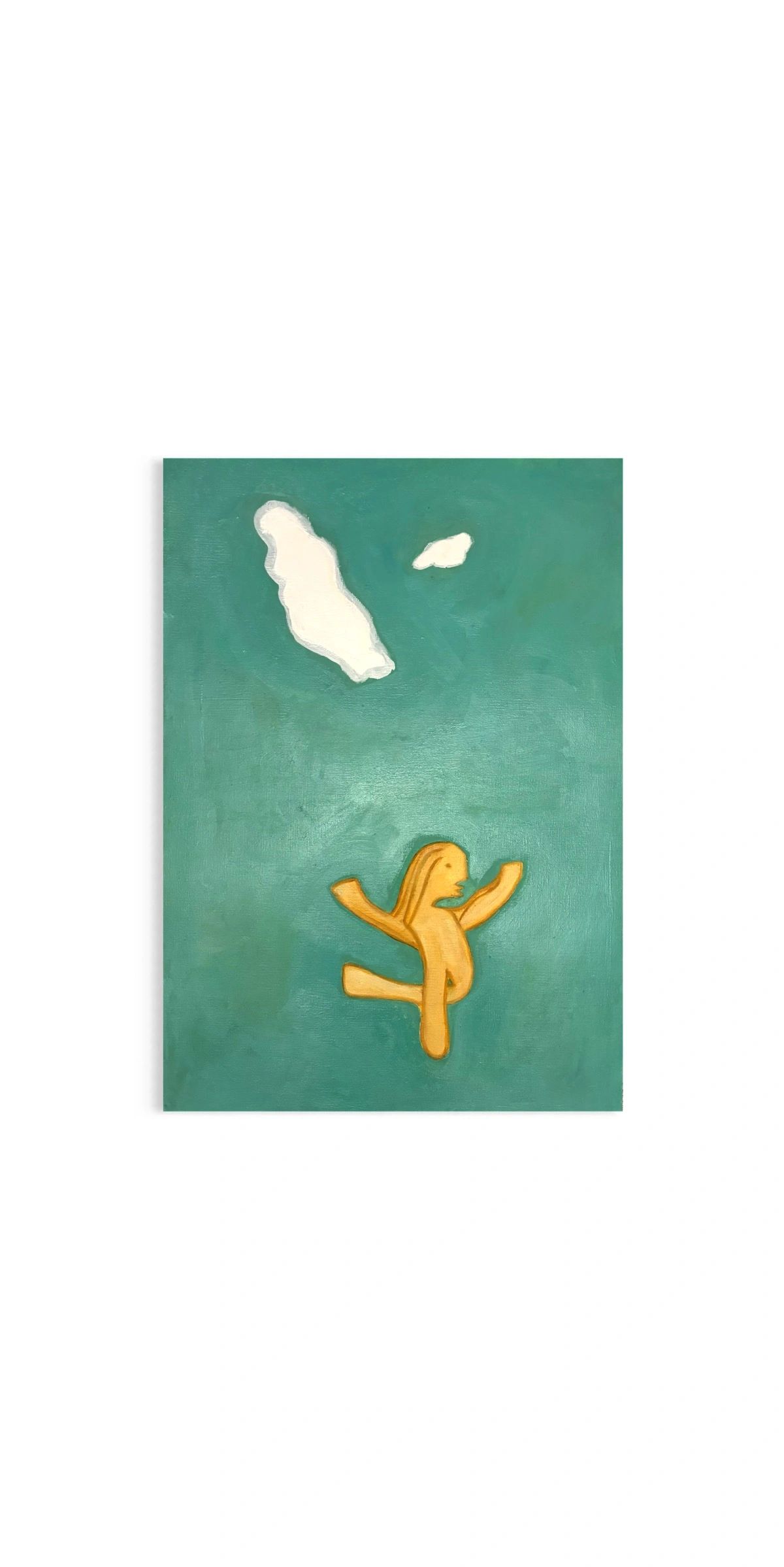 Abstract painting of a yellow figure with outstretched arms on a teal background with white cloud shapes.