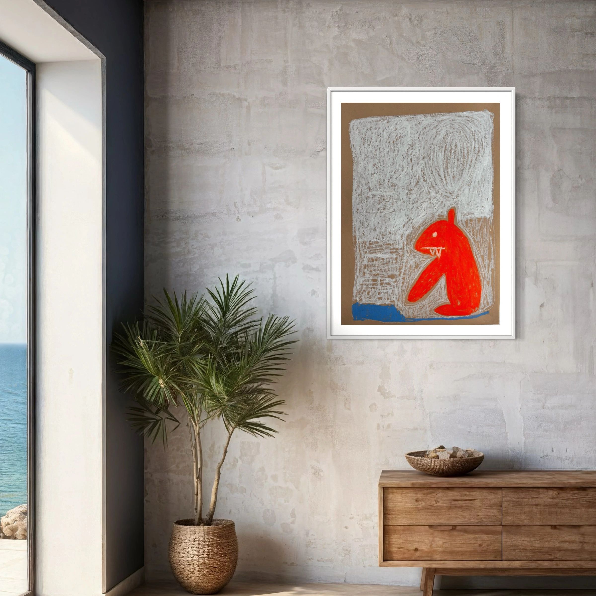 Modern interior with abstract art and natural decor.