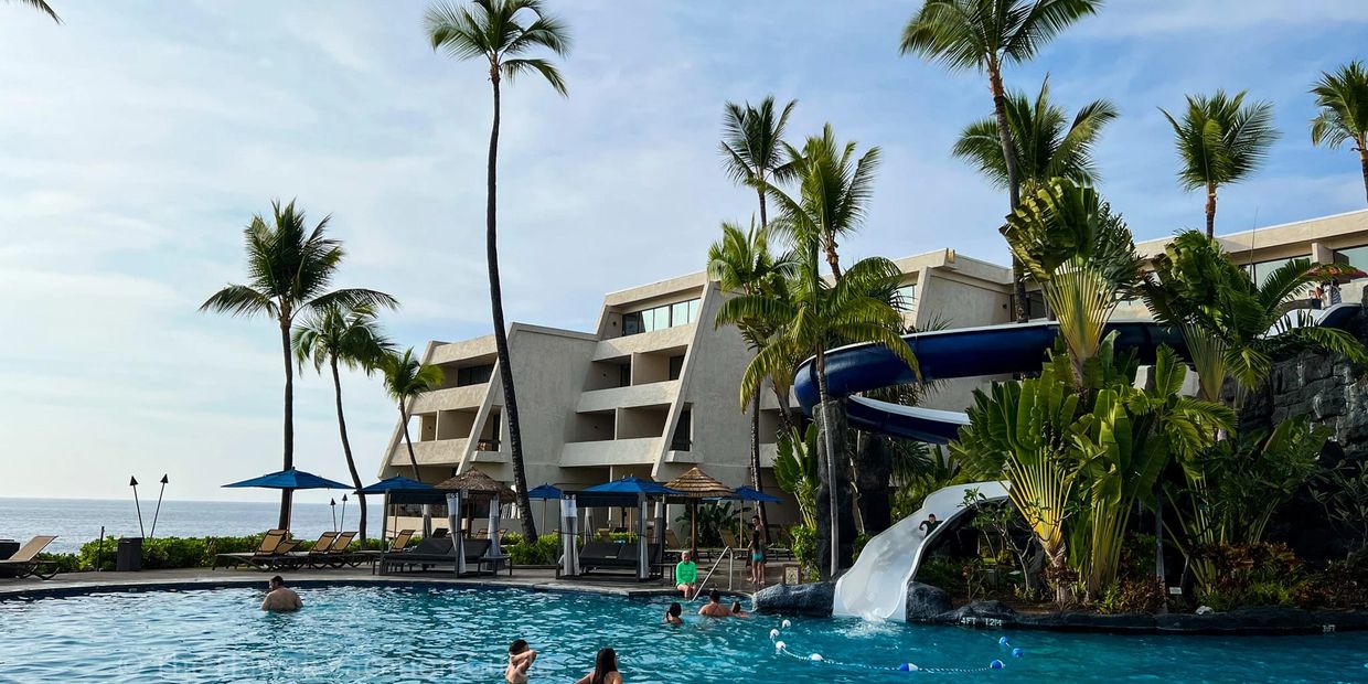 Tropical resort pool with waterslide and palm trees by the ocean.