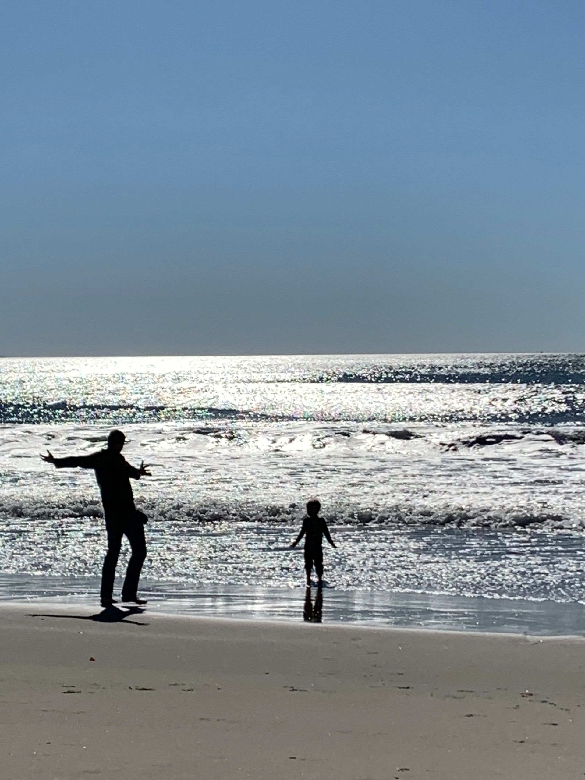 Father and son having fun a at the ocean beach, enjoying life. 