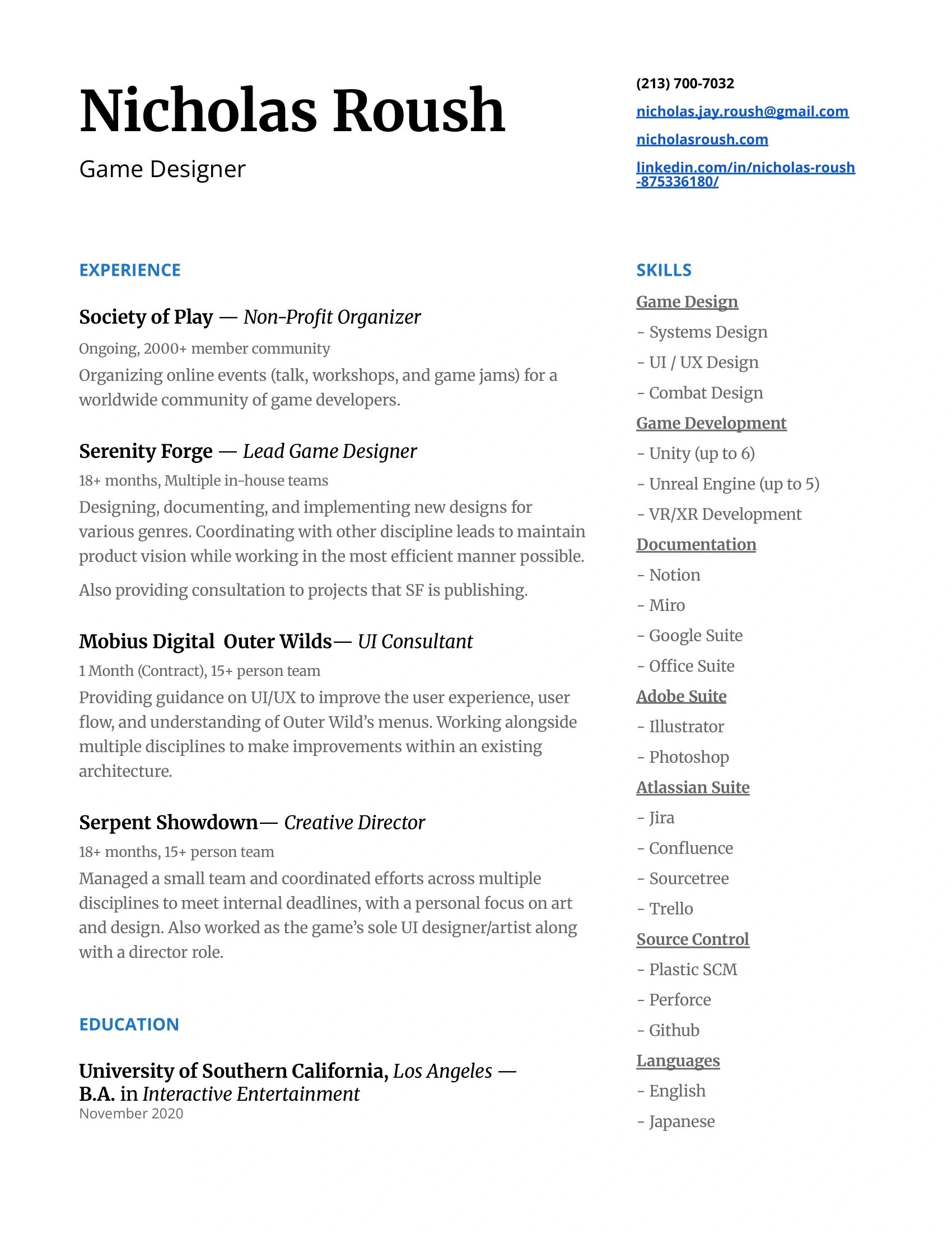Resume of Nicholas Roush, a game designer with experience in game design, UI/UX, and leadership roles.