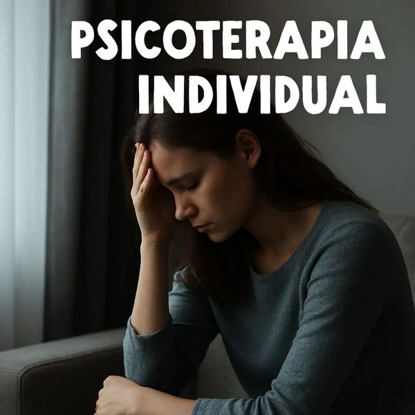 Mujer pensativa en sesión de psicoterapia individual.