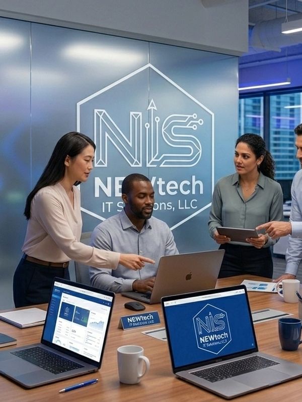 Team collaborating on a tech project in a modern office setting.