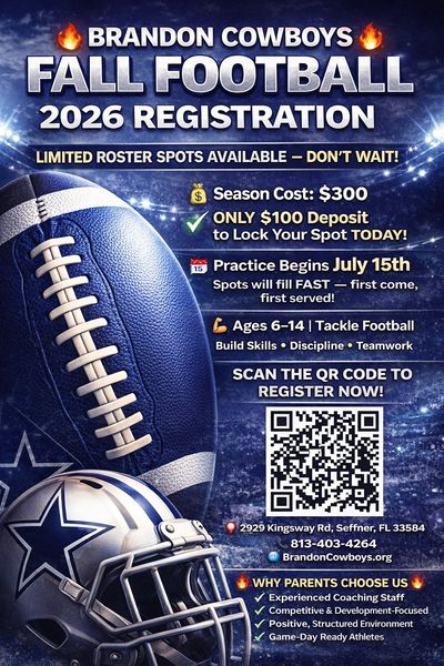 Brandon Cowboys 2026 fall football registration with limited spots and $300 season cost.