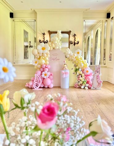 Baby shower balloon arch Tunbridge wells Easter themed with sailboard backdrop Eastbourne Brighton