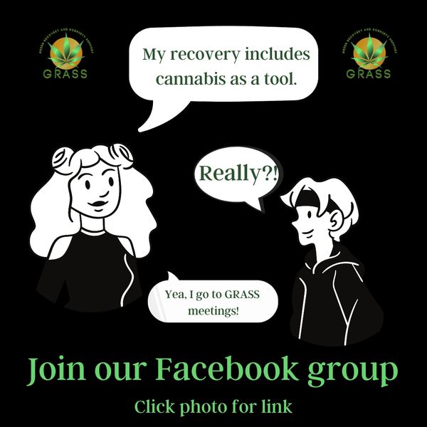 Two people having a conversation about including cannabis in recovery and a link to Facebook page 