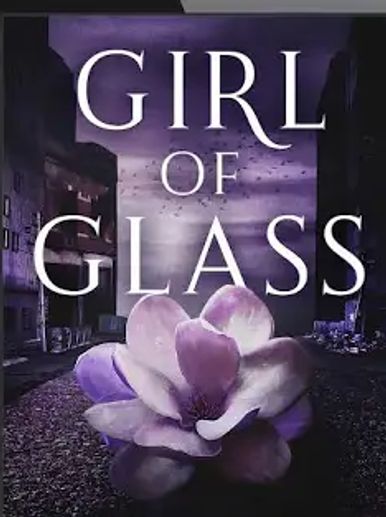 Book Cover of "Girl of Glass." Purple flower blooming in a city backdrop. 