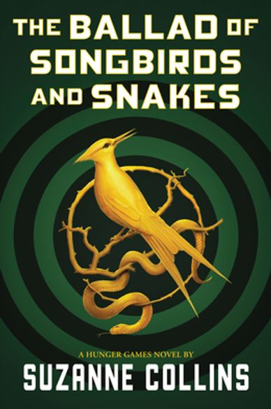 A golden songbird and snake featured on top of a dark green background. 