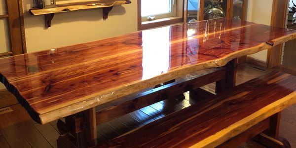 Sister double live edge top with live edge benches. 