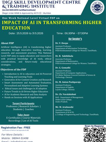 Flyer for a national virtual FDP on AI's impact in higher education by Digi Skill Development Centre.