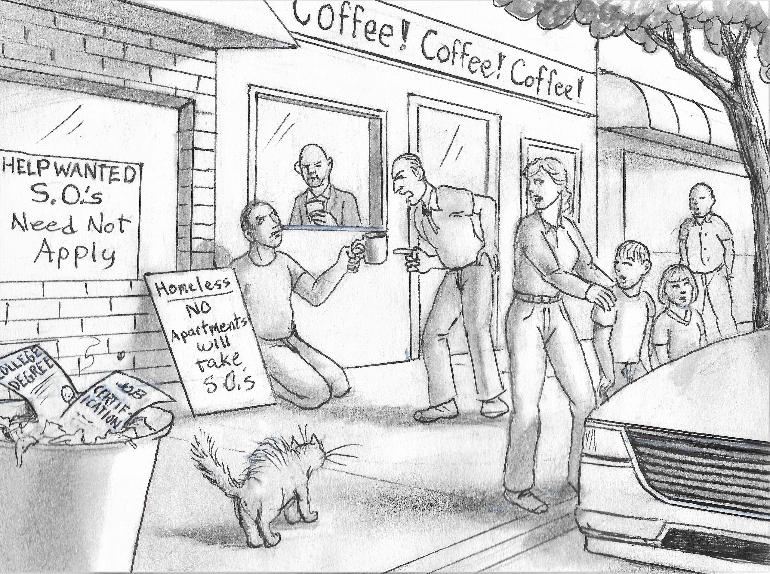 A homeless man is ignored and berated outside a coffee shop despite signs showing his struggles.