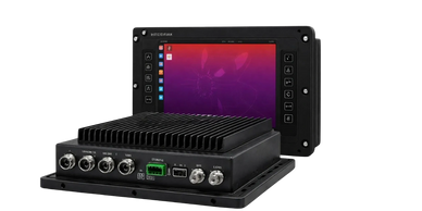 Rugged industrial computer with multiple ports and a touchscreen display.