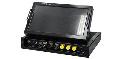 Rugged industrial touchscreen device with multiple connectors and yellow port covers.