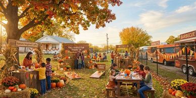 Families enjoying a festive fall harvest festival with pumpkins and food stands.