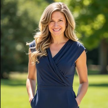 Smiling woman in a navy dress outdoors with hands in pockets.