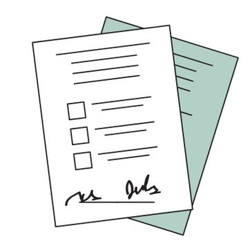 Illustration of two documents, one with checkboxes and signatures.