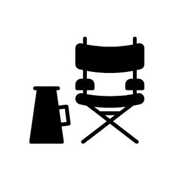 Black silhouette of a director's chair and megaphone.