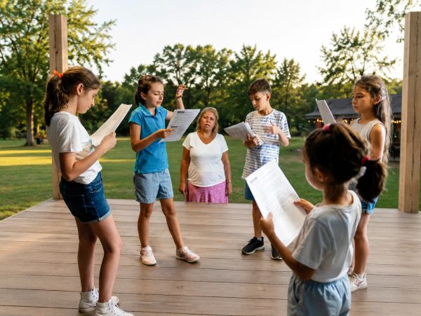 Children rehearsing a play outdoors with an adult watching.