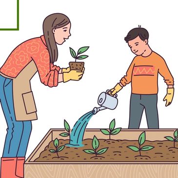 Woman and boy gardening together, watering plants in a raised bed.