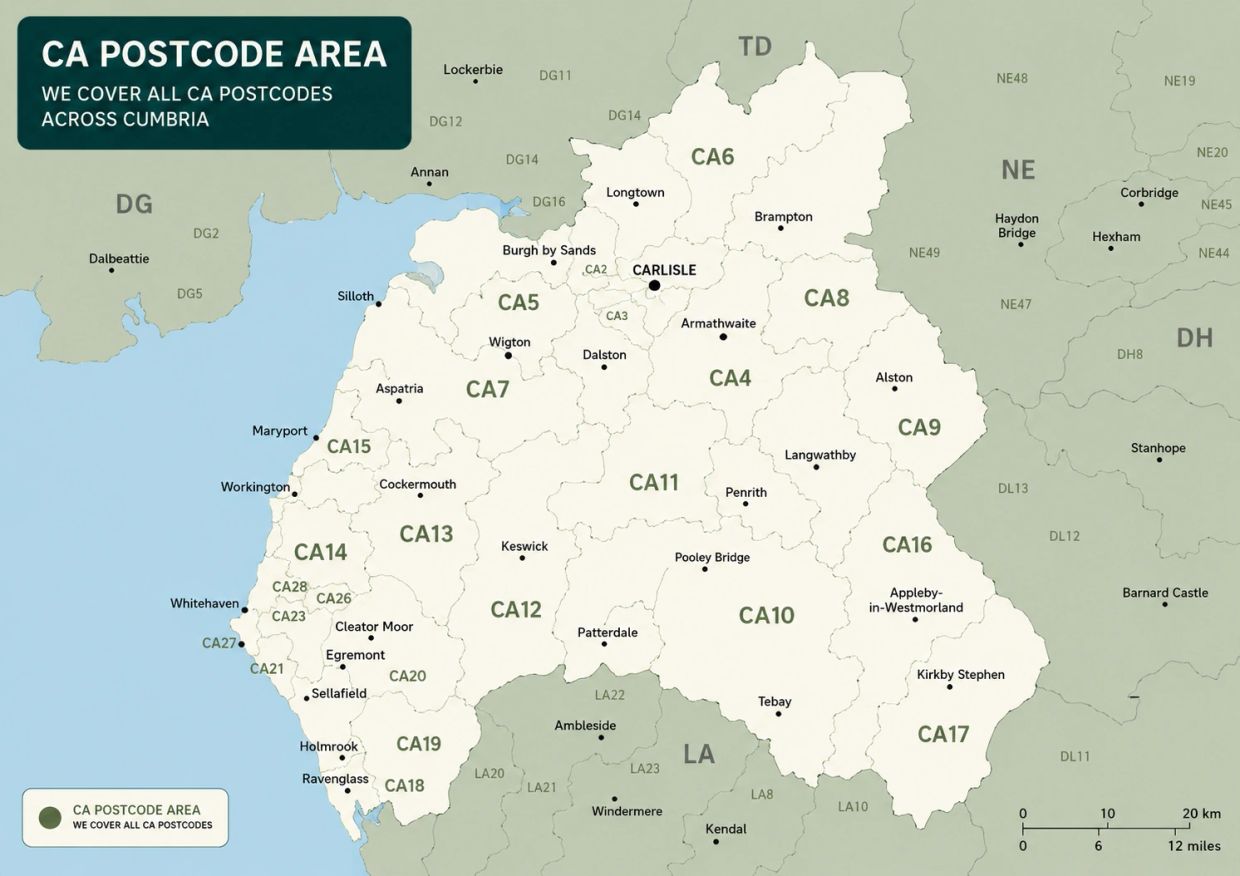 Map showing CA postcode areas across Cumbria with towns and boundaries.