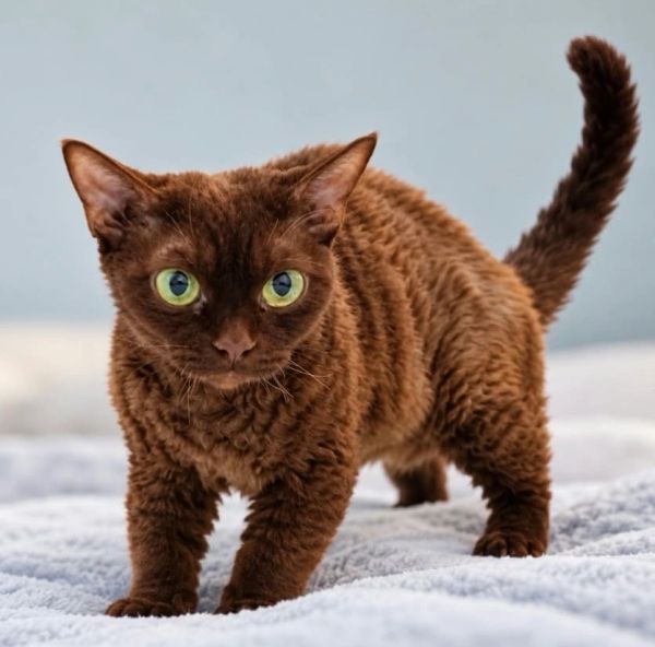 Curly brown cat with green eyes standing on a soft surface.