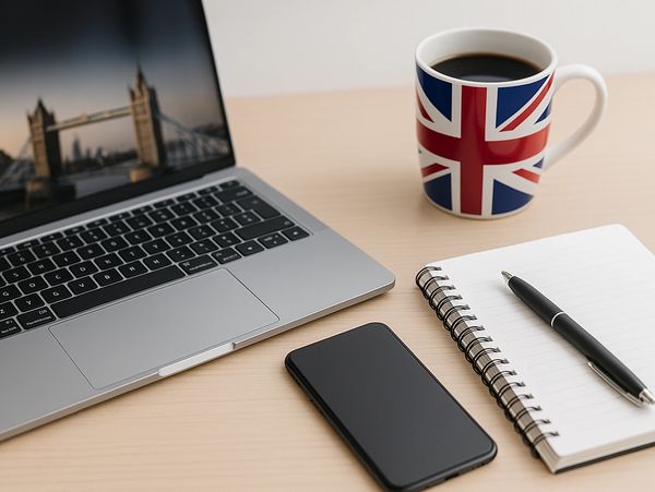 Workspace with laptop, phone, notebook, pen, and a Union Jack coffee mug.
