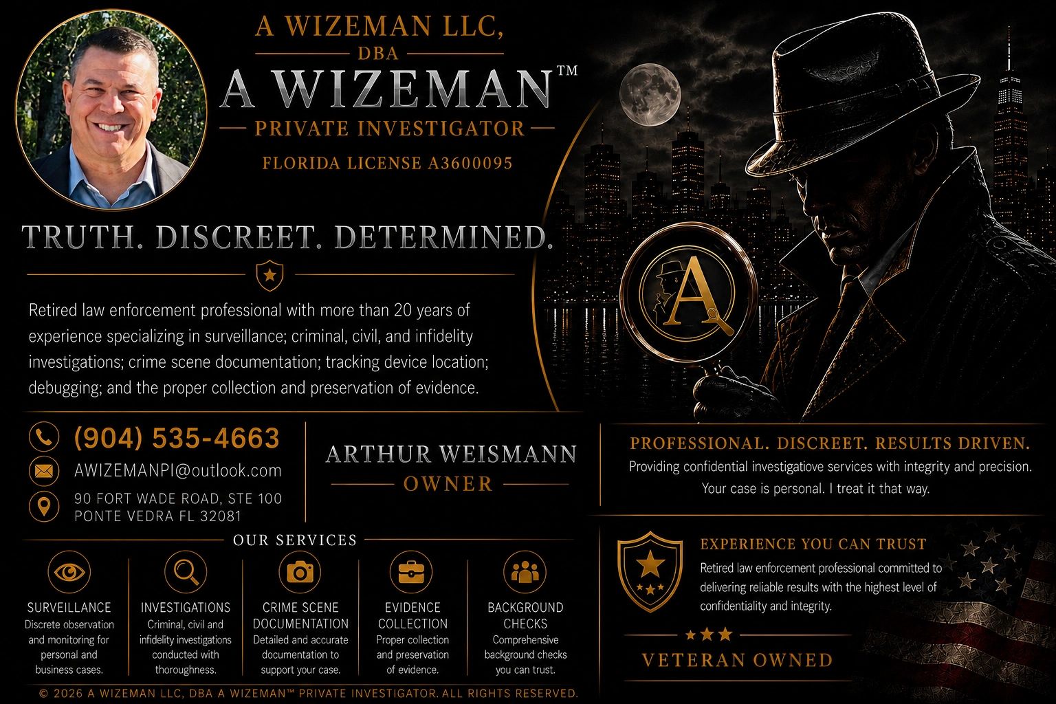 Professional private investigator services by A Wizeman LLC in Florida.