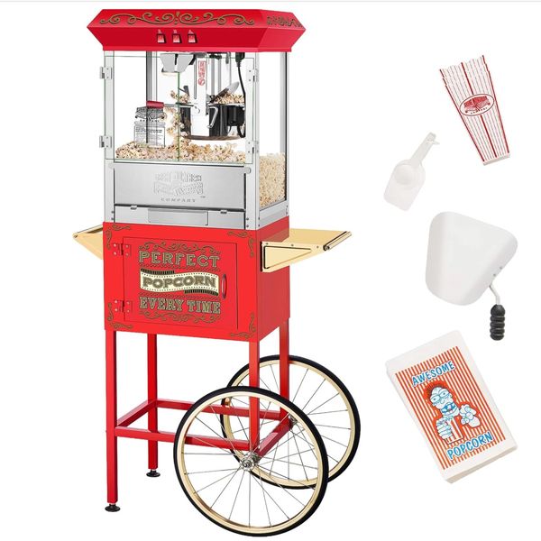 Classic red popcorn machine with wheels and accessories for serving.