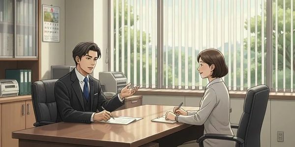 Two professionals having a discussion in a bright office.