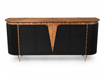Elegant wooden and black sideboard with brass legs.