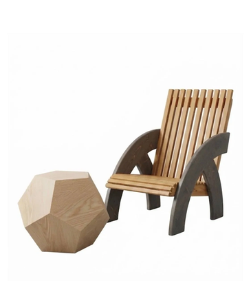 Modern wooden chair with wooden geometric ottoman.