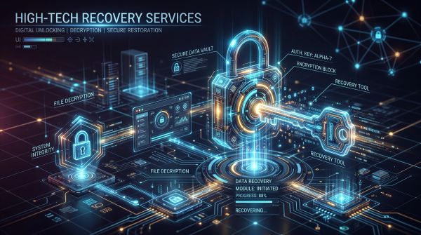 Futuristic digital data recovery services with encrypted security.