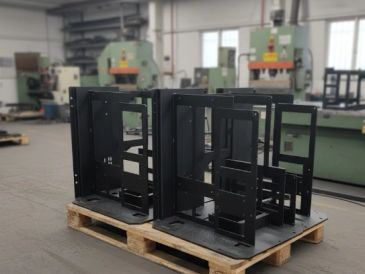 Metal frames placed on a wooden pallet inside an industrial workshop.