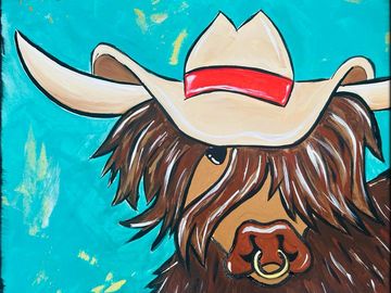A stylized painting of a bull wearing a cowboy hat against a blue background.