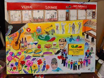 Colorful mural depicting Dos A Mores Tex-Mex lounge with food, music, and dancing.