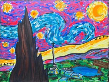 Colorful artistic interpretation of Van Gogh's Starry Night with vibrant swirls and bright stars.
