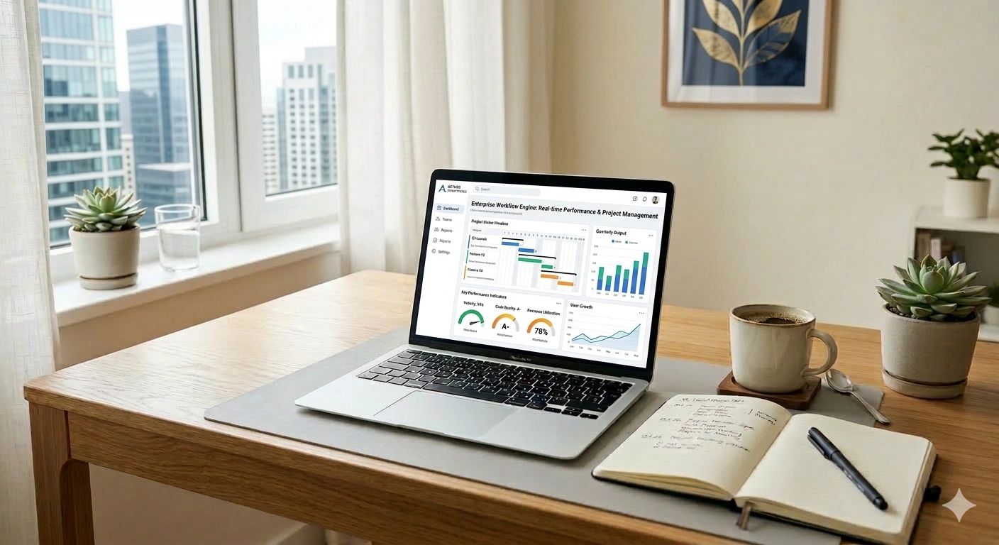 A tidy workspace with a laptop, notebook, coffee, and plants by a window.
