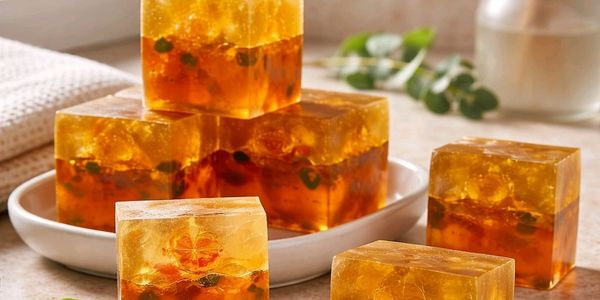 Transparent amber soaps with embedded botanicals arranged on a countertop.