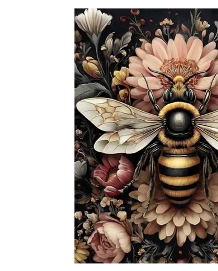 Detailed illustration of a bee on a background of vibrant flowers.