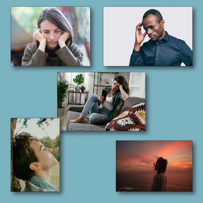 Photo collage of three women and two men in an uncomfortable emotional state