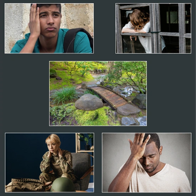 This is a composite photo showing faces of depressed and anxious individuals, including a soldier.