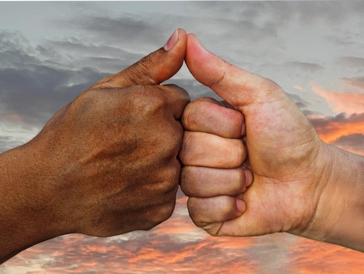 Photo of two male hands, one black and one white, knuckles and thumbs pressed together in friendship