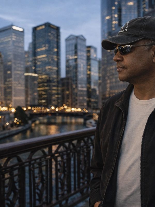 Man in sunglasses and cap overlooking a city river at dusk.