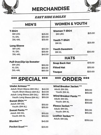 East Side Eagles Merchandise Listing