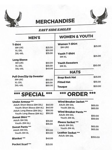 East Side Eagles Merchandise Listing