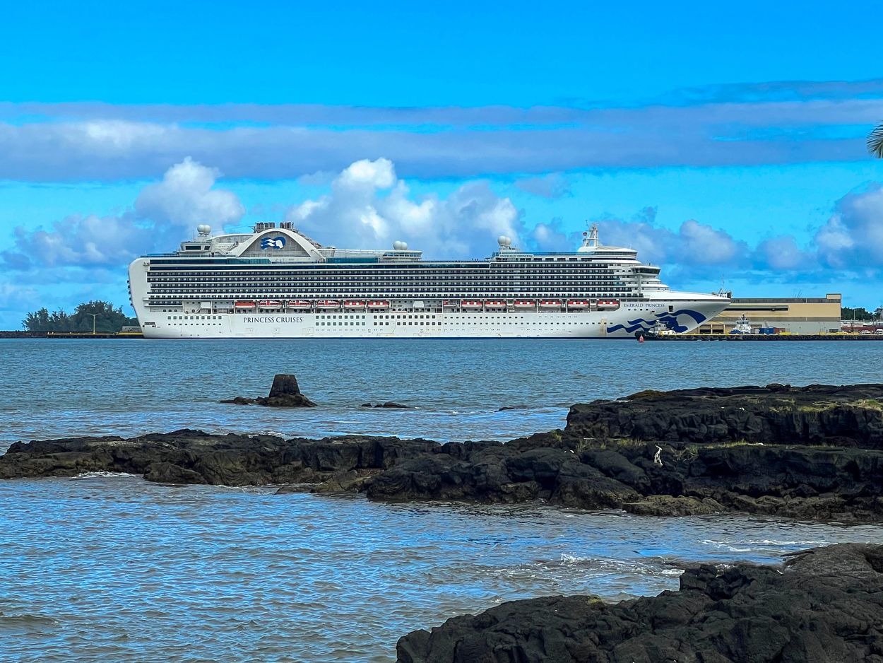 Princess Cruises ship docked near rocky shore under blue sky.