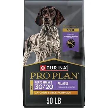 Bag of Purina Pro Plan dog food for sport dogs.
